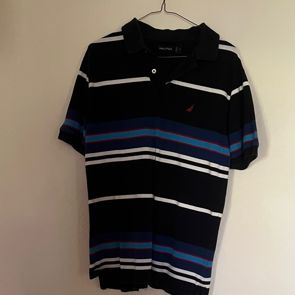 Nautica Men's Polo Shirt with Black, White, and Blue Stripes